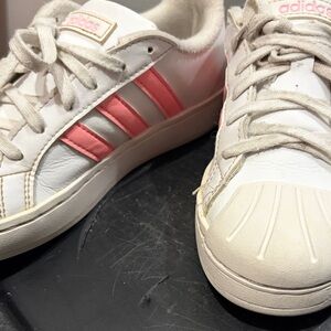 Adidas White Sneakers with Pink Stripes